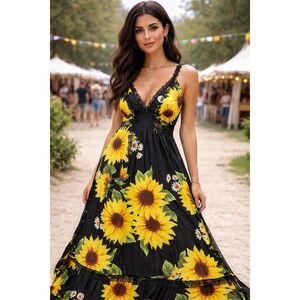 Vintacy Sunflower Dress  Maxi Black XL Fit (small) Cottagecore  Boho Festival